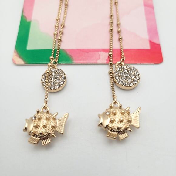 Lilly Pulitzer Gold Fish Drop Earrings Dangling Sparkly Puffer Fish Ocean Resort - Picture 4 of 8